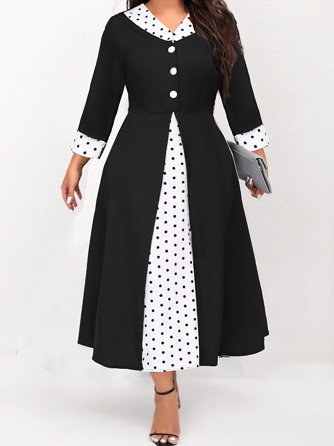 Women's Plus Size A Line Dress Polka Dot V Neck Long Sleeve Dress