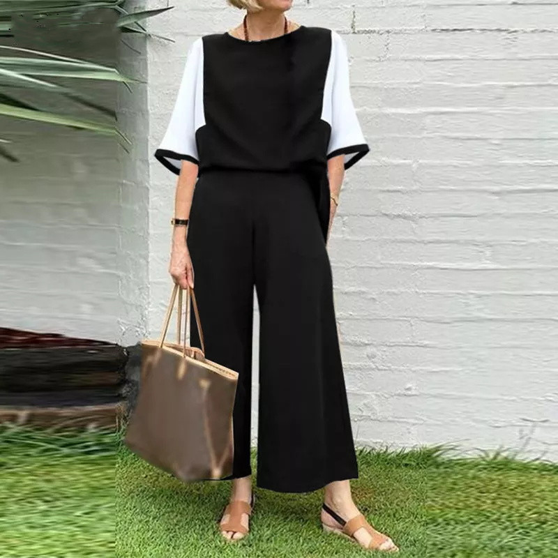 Women's Spring and Summer Two-Piece Set Stitching Loose Top Wide Leg Pants Casual Fashion Set