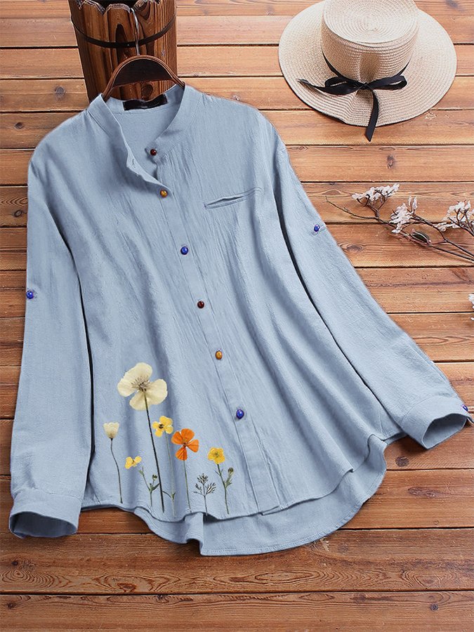 Women's Cotton Linen Stand Collar Print Shirt