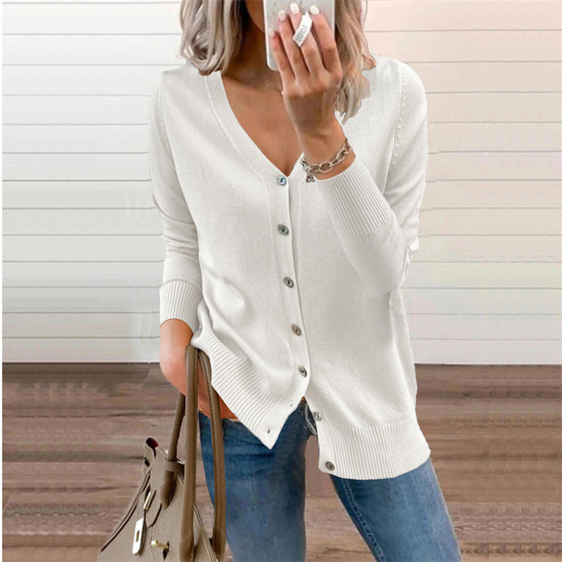 Women's Solid V-neck Button Sweater Knit Cardigan