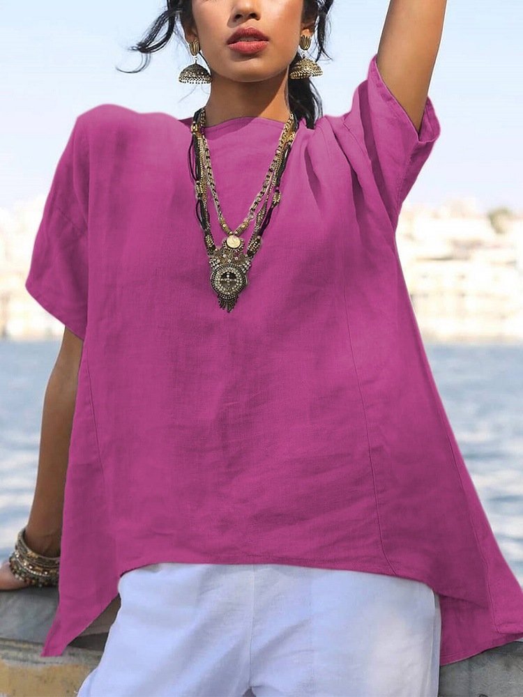 Ladies Cotton Linen Irregular Hem Panel Casual Short Sleeve Shirt