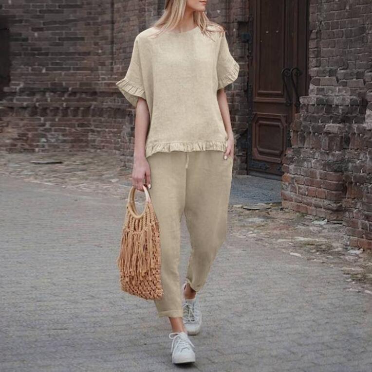 Cotton and linen short sleeve top + trousers loose fitting suit