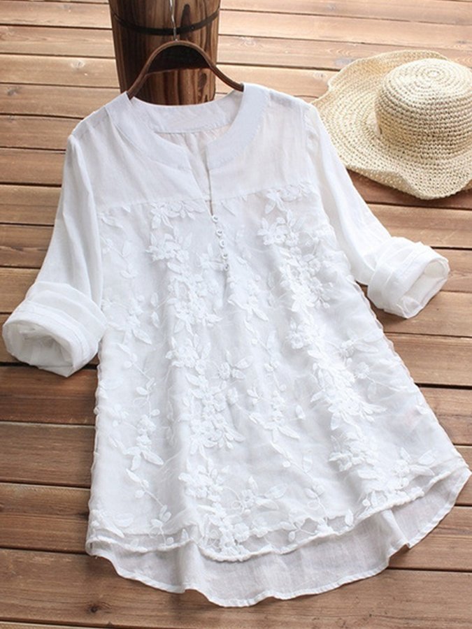 Women's Cotton Linen Lace Embroidered Long Sleeve Shirt