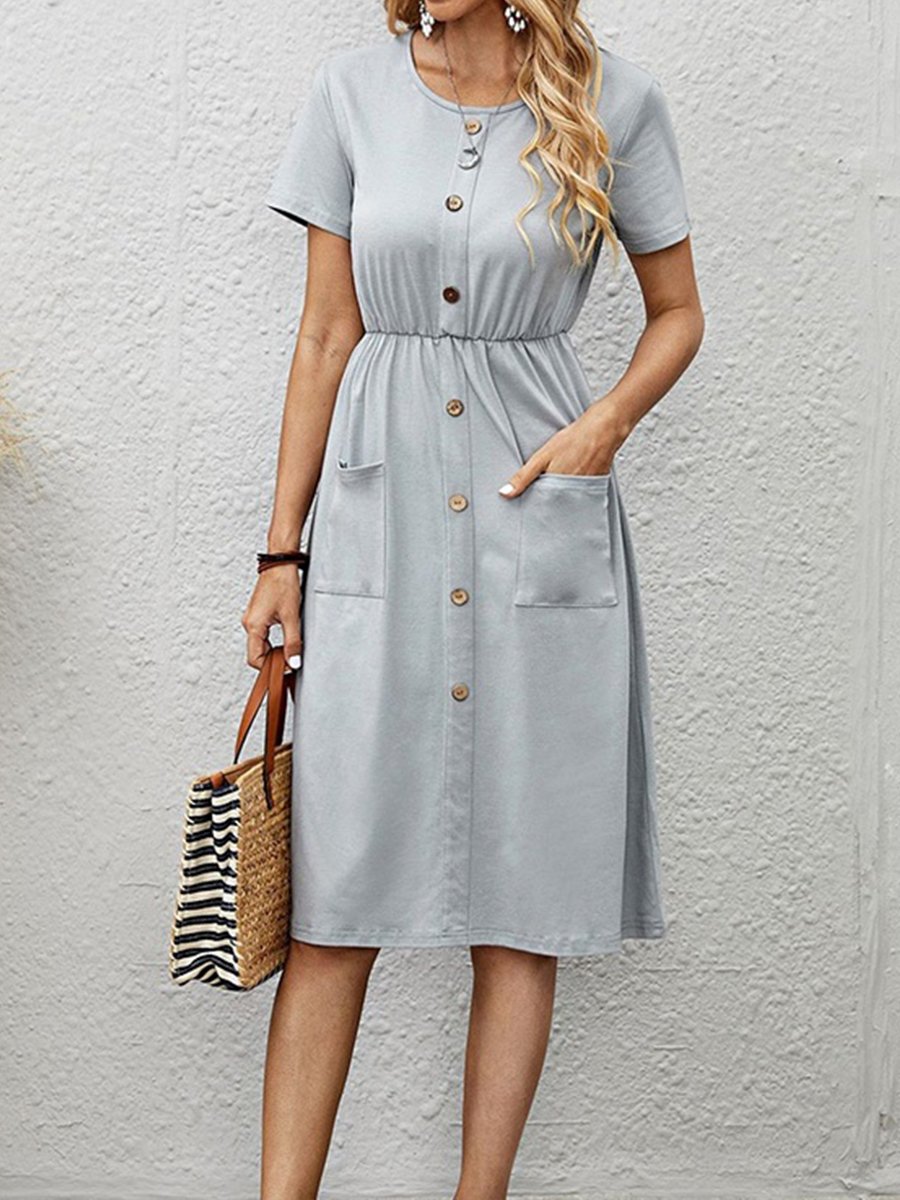 Women's Solid Color Pleated Button Insert Pocket Cotton Linen Dress