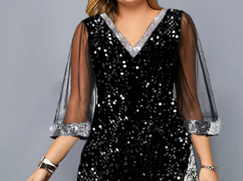 Women's Plus Size Party Dress Solid Color V Neck 3/4 Length Sleeve Fall Winter Stylish Formal Midi Dress Formal Party Dress / Sequin Dress