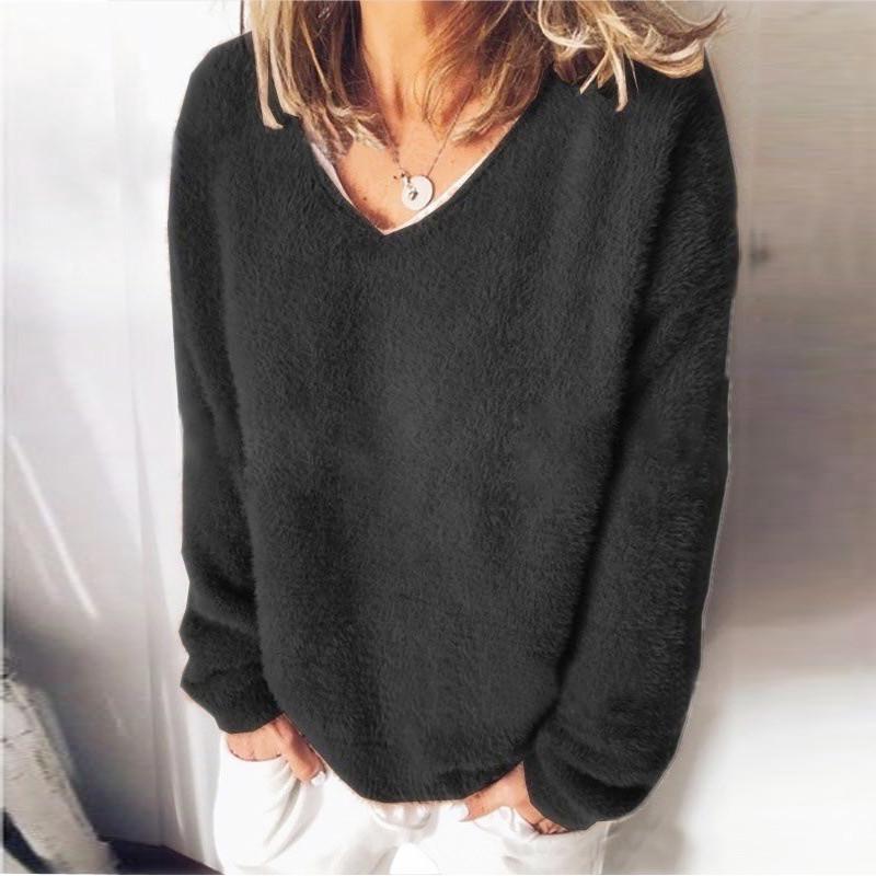 V-Neck Solid Color Furry Sweater
