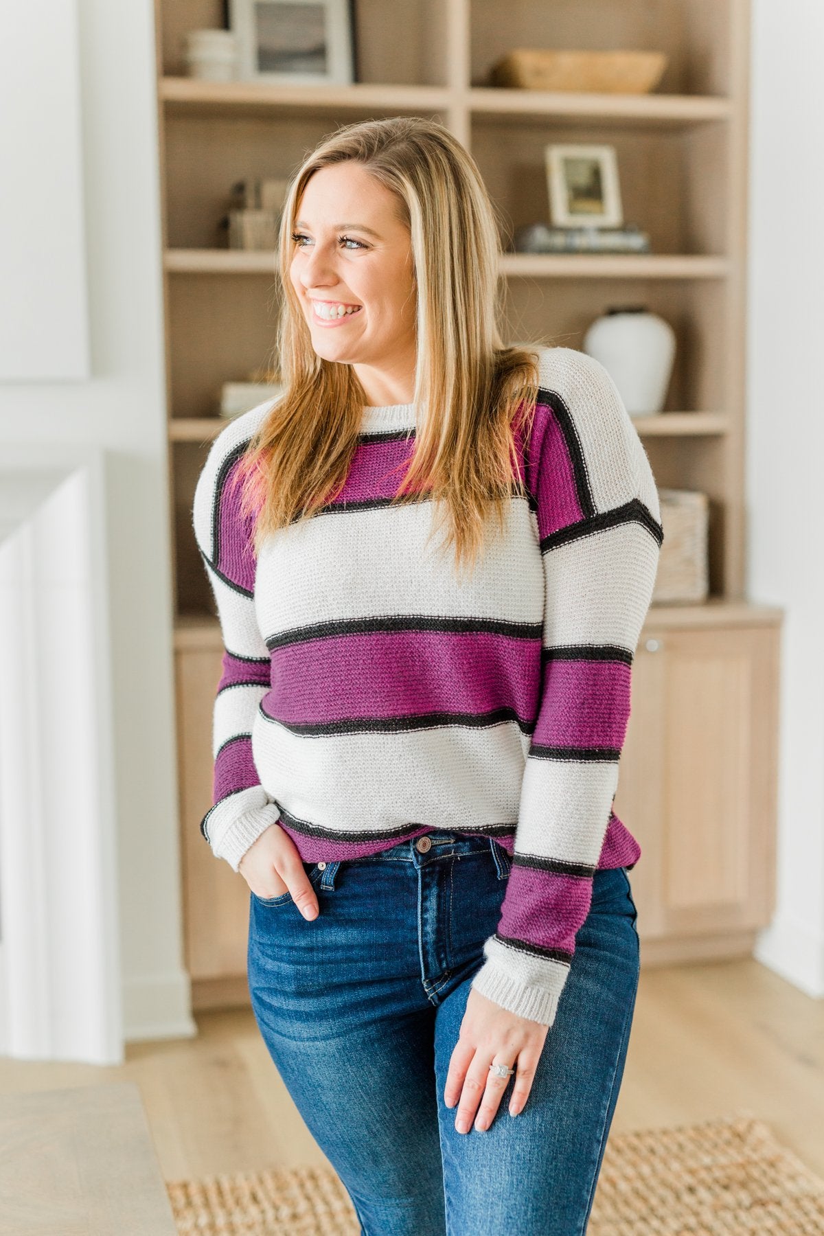 Oh So Soft Striped Knit Sweater- Magenta