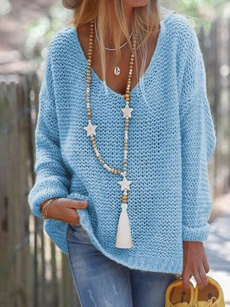 Solid color V-neck knitted loose sweater