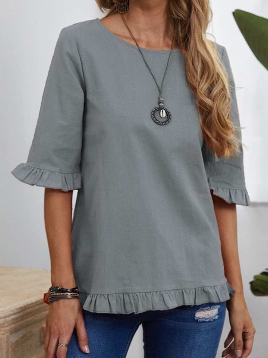 Women's Solid Color Pleated Cuff Sleeves Cotton Linen Top