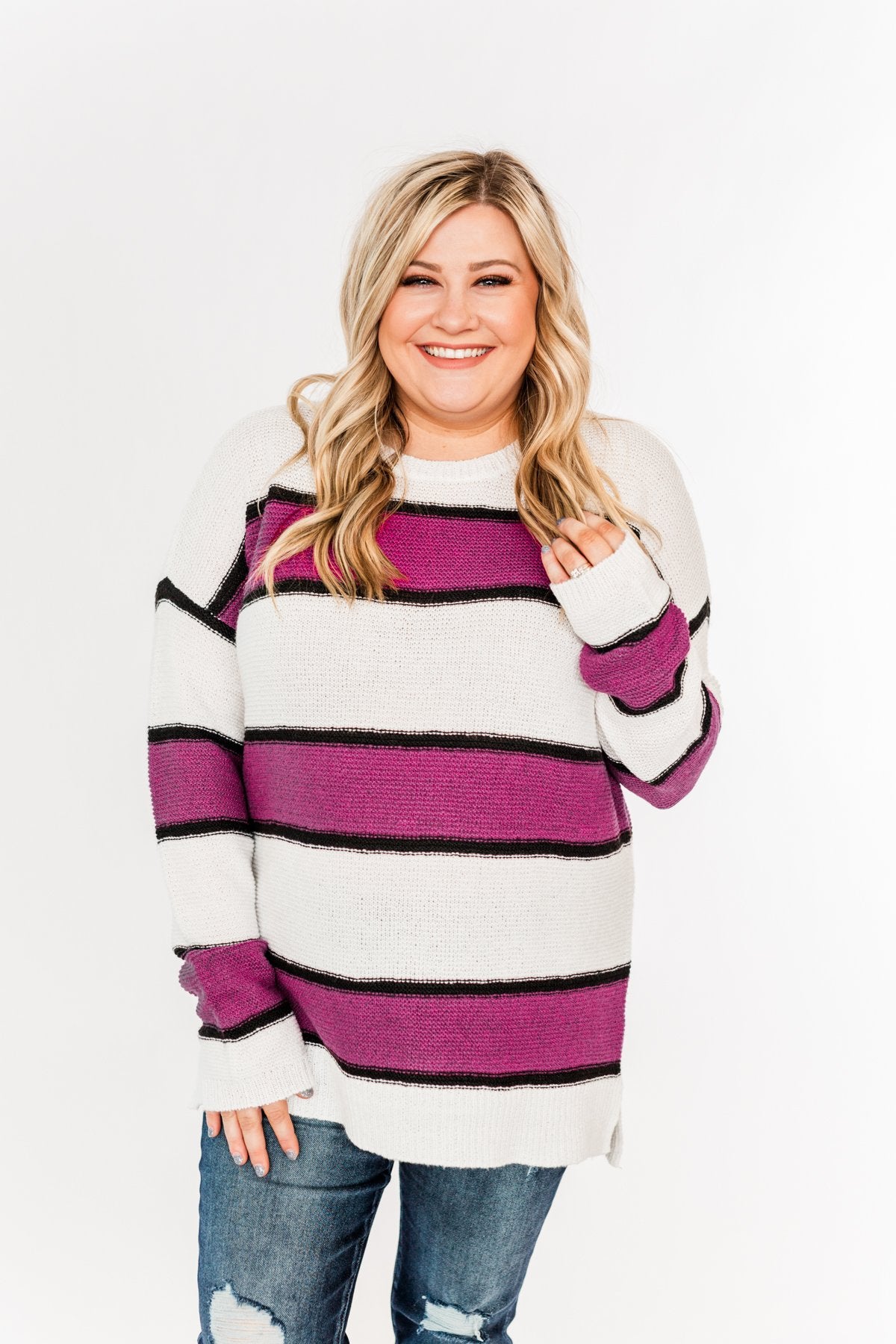Oh So Soft Striped Knit Sweater- Magenta