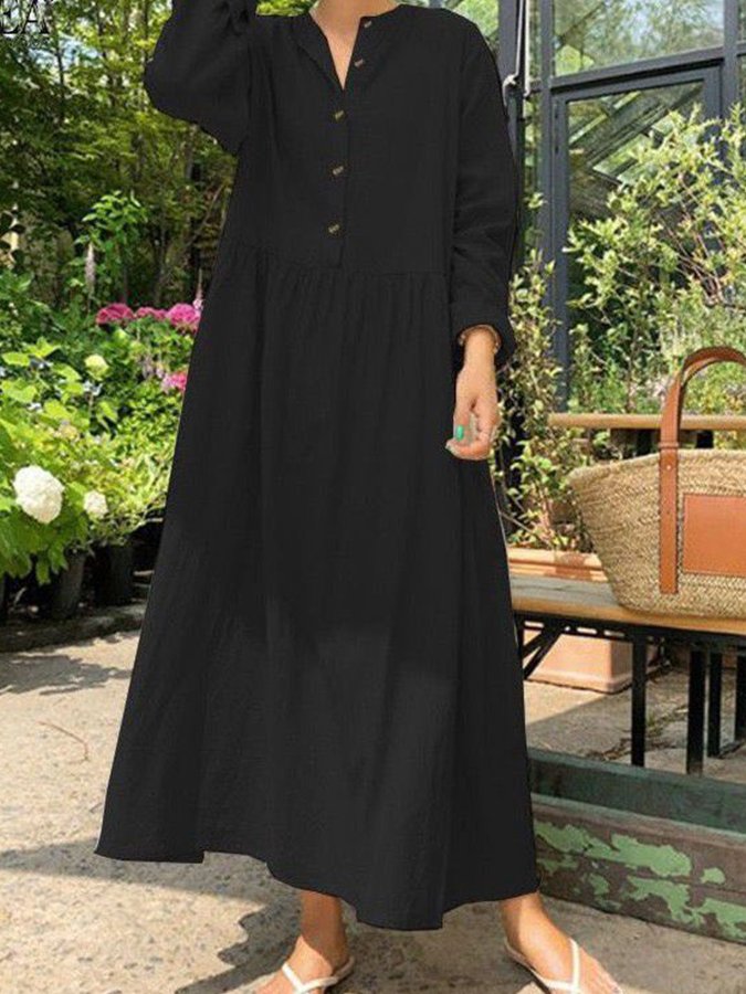 Ladies Cotton Linen Long Swing Shirt Dress