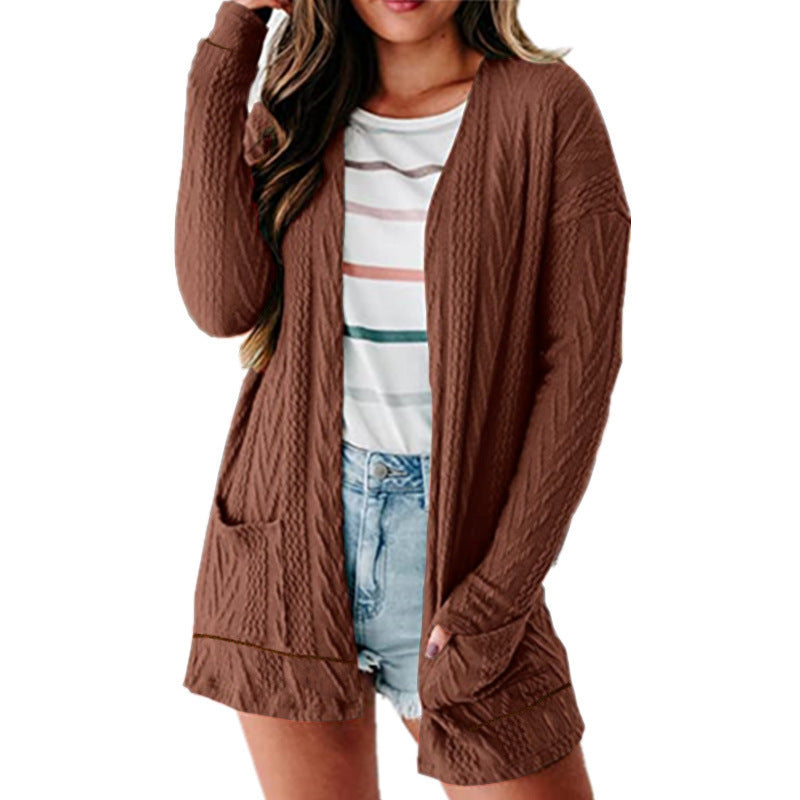 Women's Solid Long Sleeve Pocket Knit Cardigan Sweater