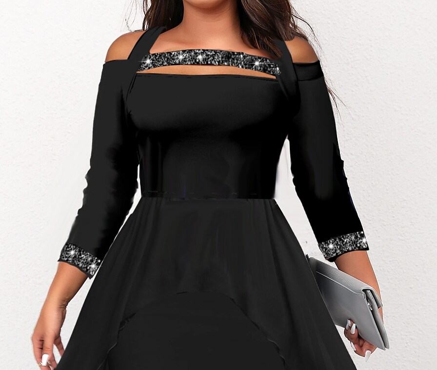 Women's Plus Size Party Dress Solid Color Halter Neck 3/4 Length Sleeve Fall Winter Stylish Formal Sequins Midi Dress Formal Party Dress