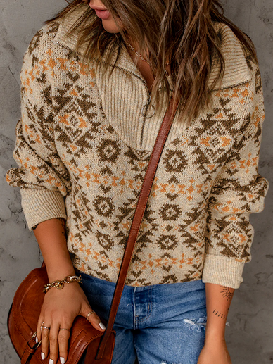 Women Casual Ethnic Winter Zipper Micro-Elasticity Daily Loose Shawl Collar Regular Sweater