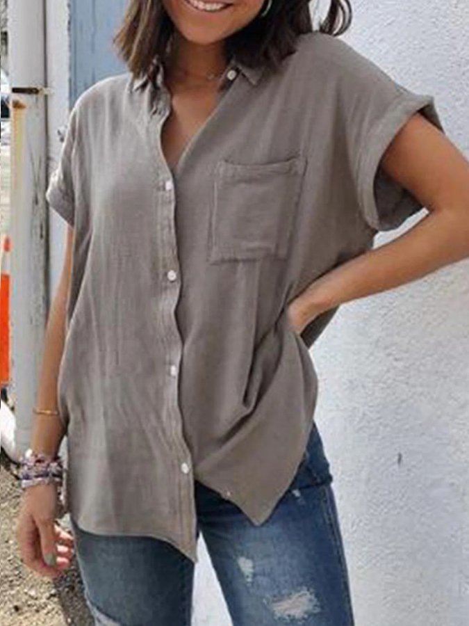 Ladies Cotton Linen Short Sleeve Retro Casual Simple Shirt