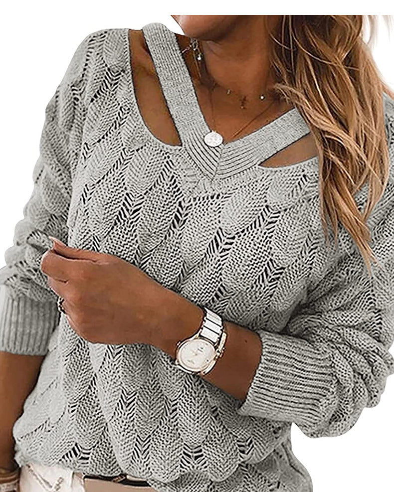 Women's Off the Shoulder Sweater Long Sleeve V-Neck Top