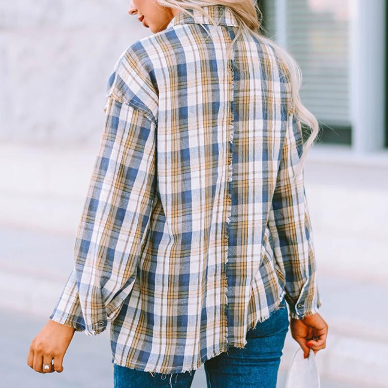 Fashion plaid print collar buttons women shirt