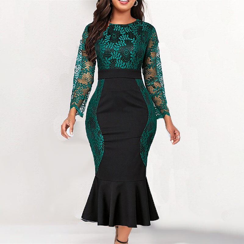 Women's Plus Size Party Dress Floral Crew Neck Long Sleeve Winter Fall Fashion Elegant Formal Midi Dress Party Evening Party Dress