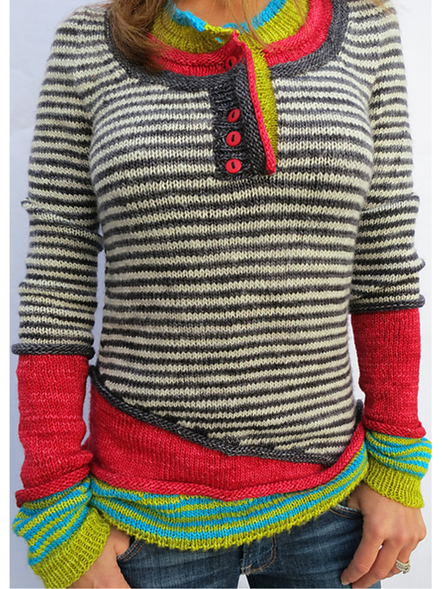 Red Wool Blend Long Sleeve Striped Paneled Sweater