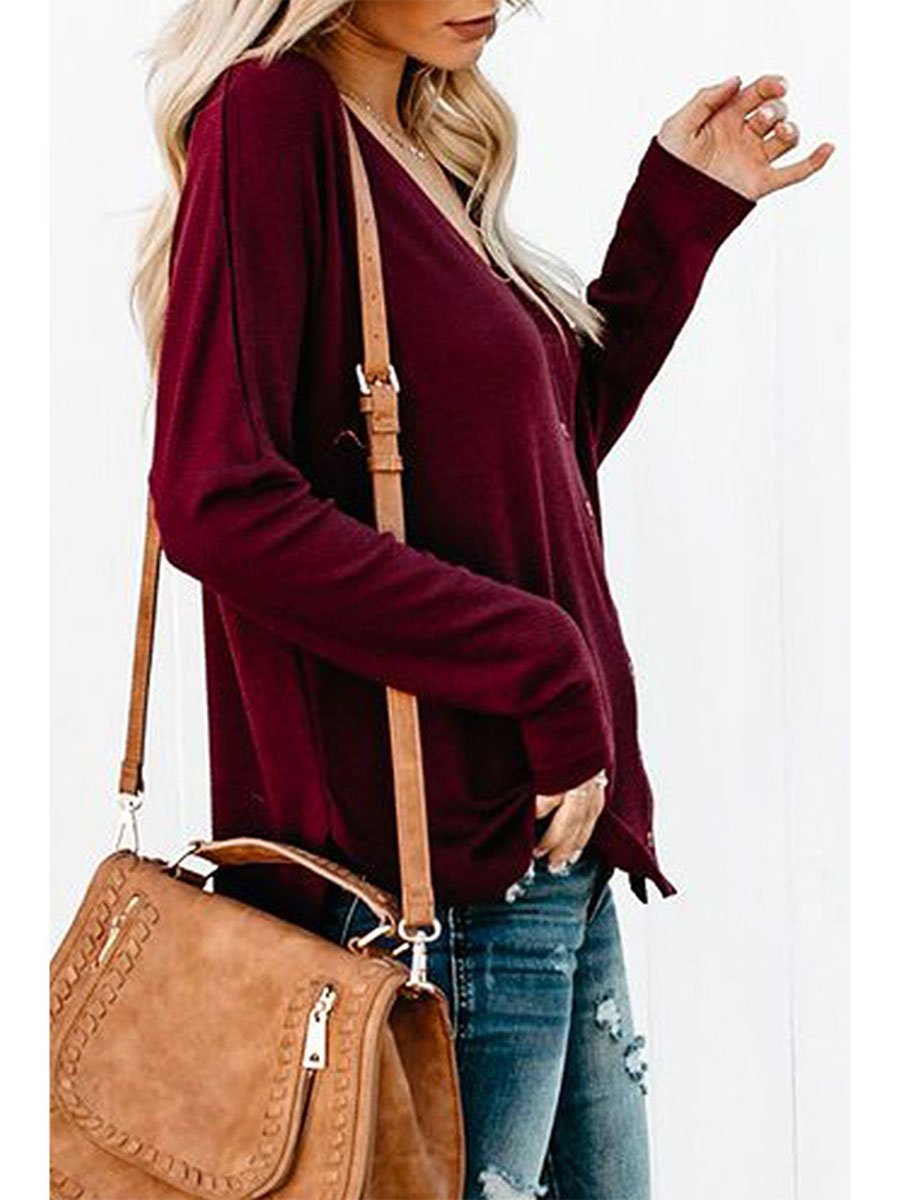 V-Neck Solid Color Single-Breasted Knot Knitted Long Sleeves Cardigan
