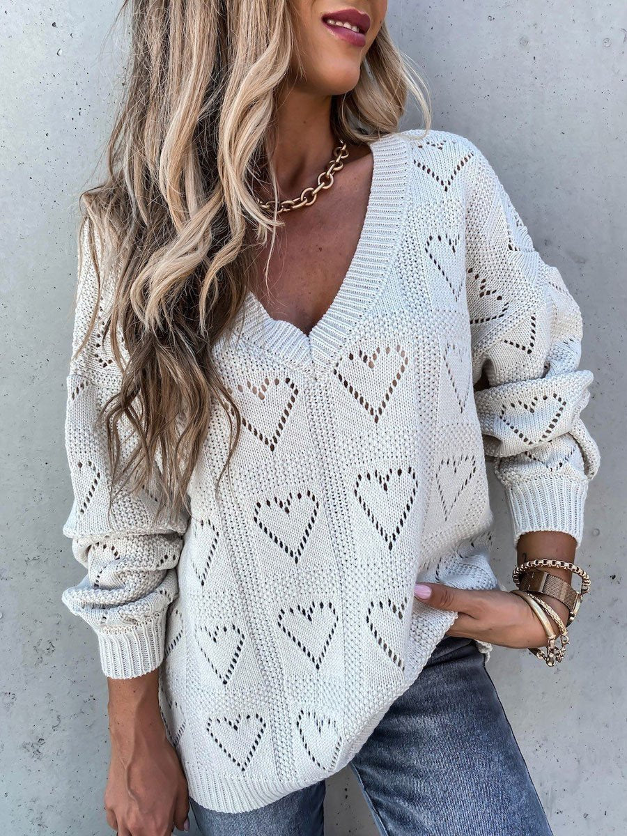 Solid color V-neck heart-shaped hollow loose knit sweater