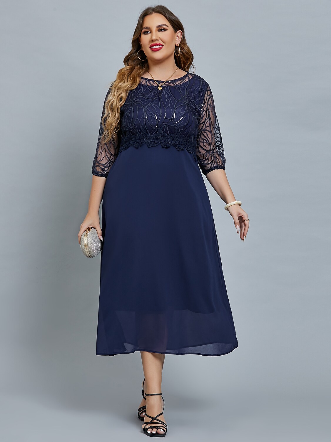 Women's Plus Size Curve Party Dress Floral Crew Neck Print 3/4 Length Sleeve Fall Spring Elegant Prom Dress Maxi long Dress Formal Party Dress / Mesh