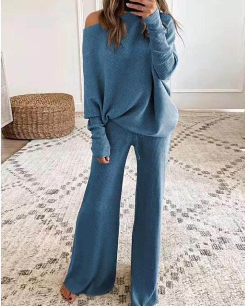 off-Shoulder Women's Knitted Blouse Pants Length Two-Piece Suit
