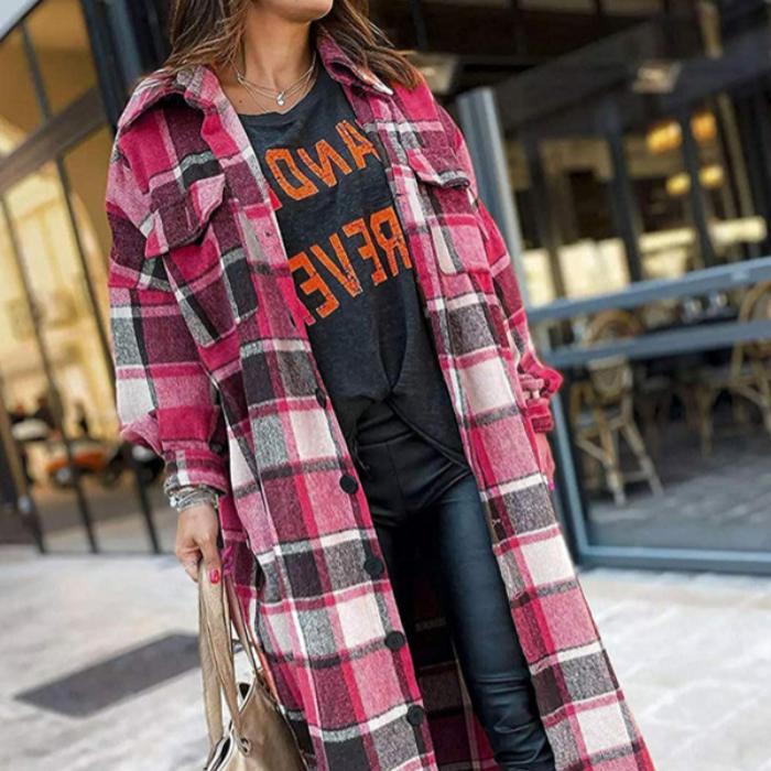 Winter plaid print long sleeve women coat