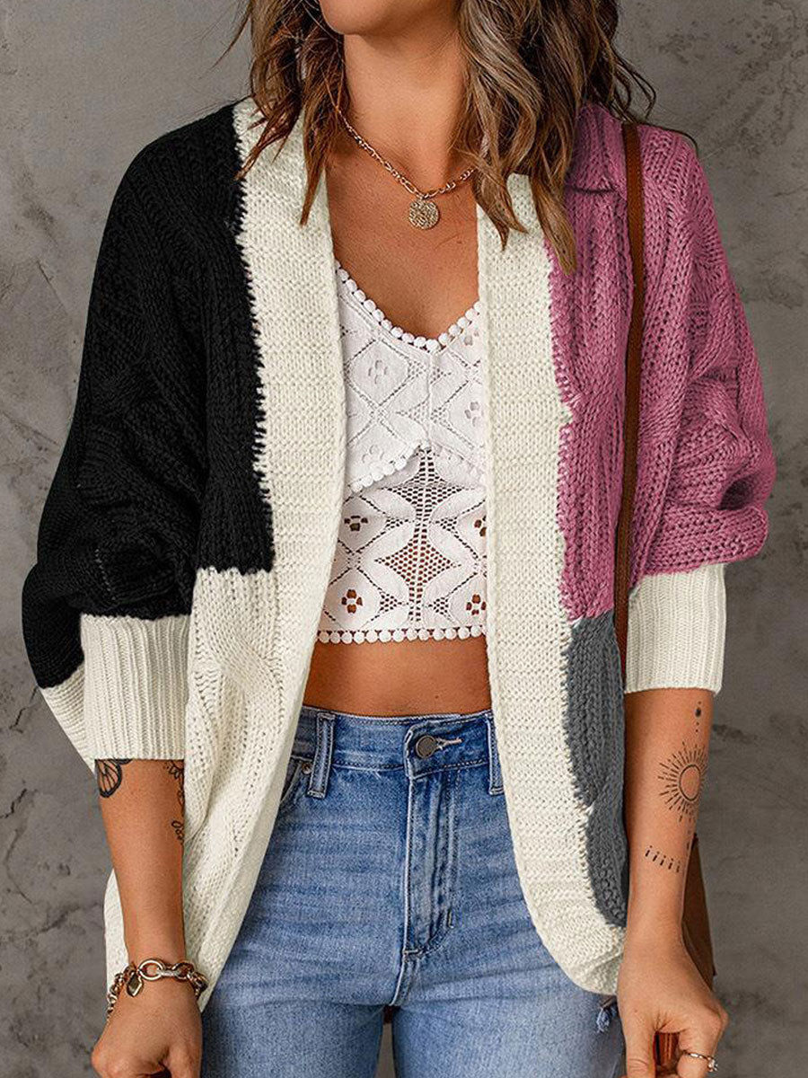 Casual Loose Sweater Contrast Panel Cardigan