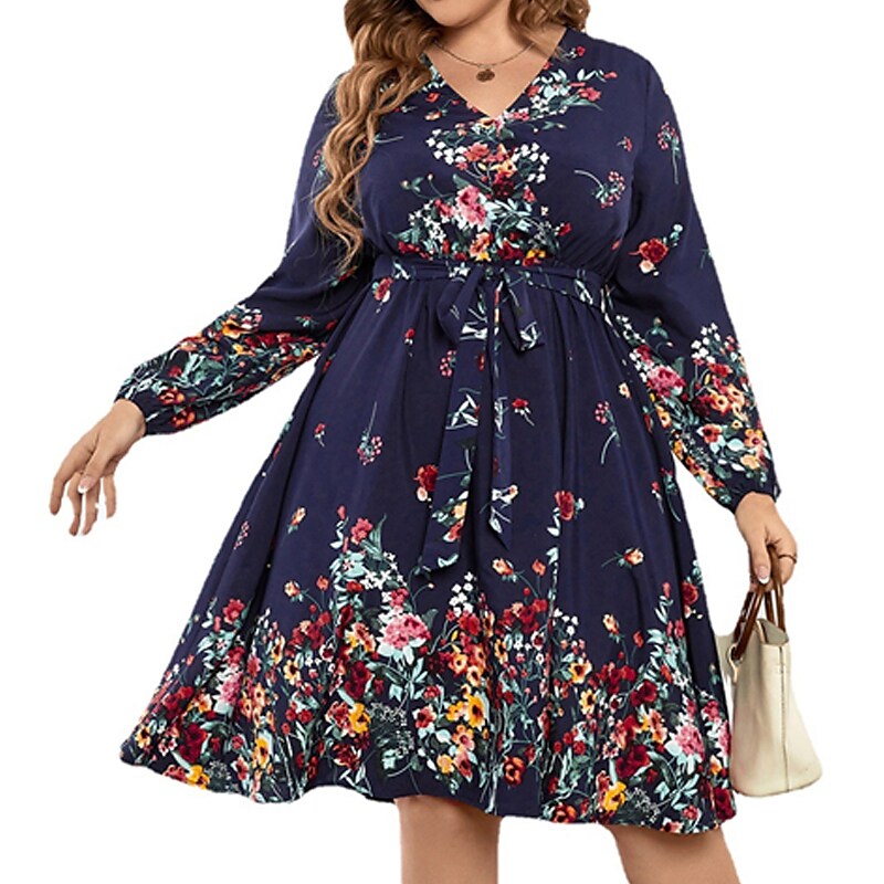 Women's Plus Size Casual Dress Floral V Neck Long Sleeve Fall Winter Casual Knee Length Dress Causal Daily Dress