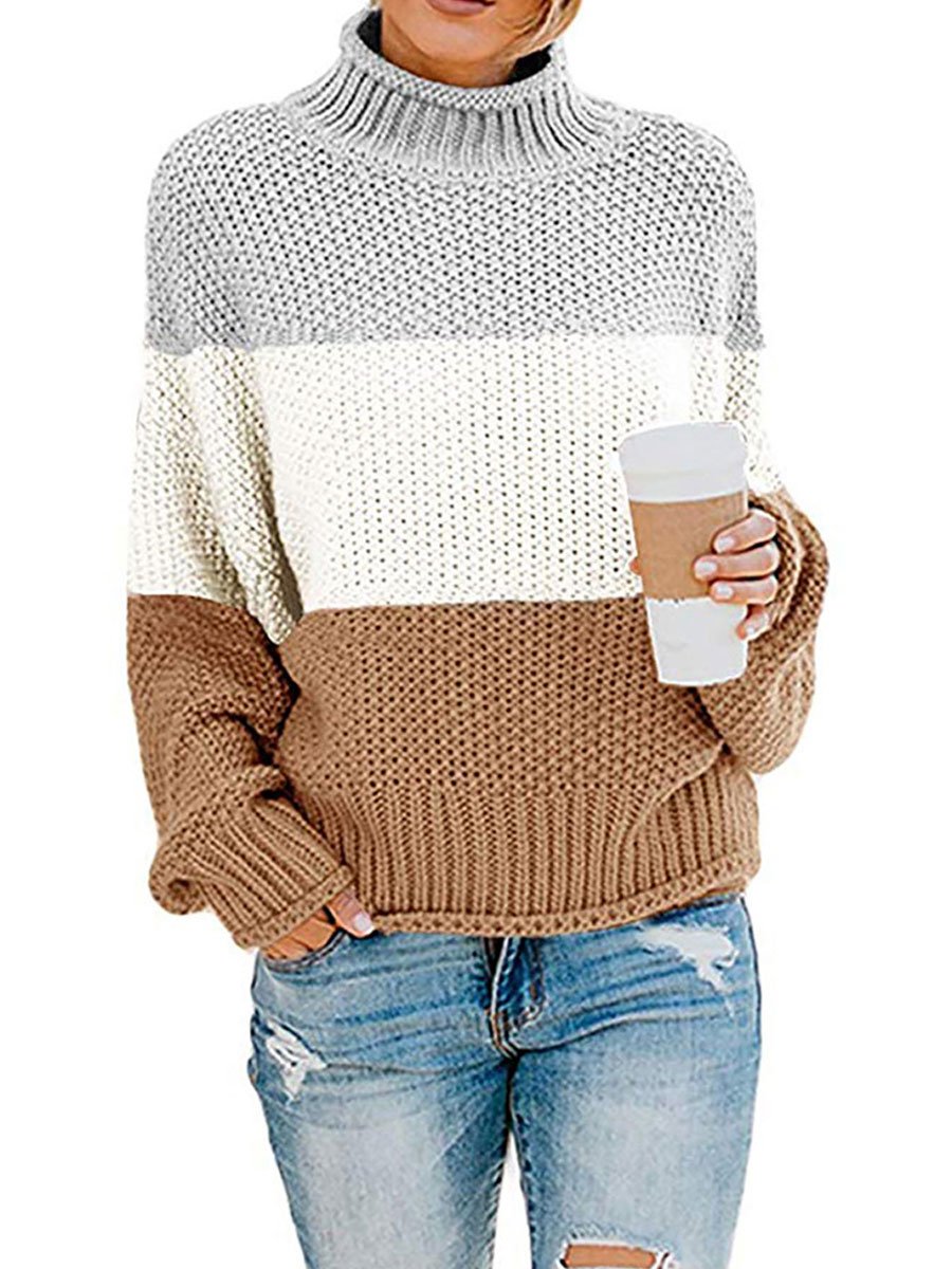 Color block turtleneck knitted sweater