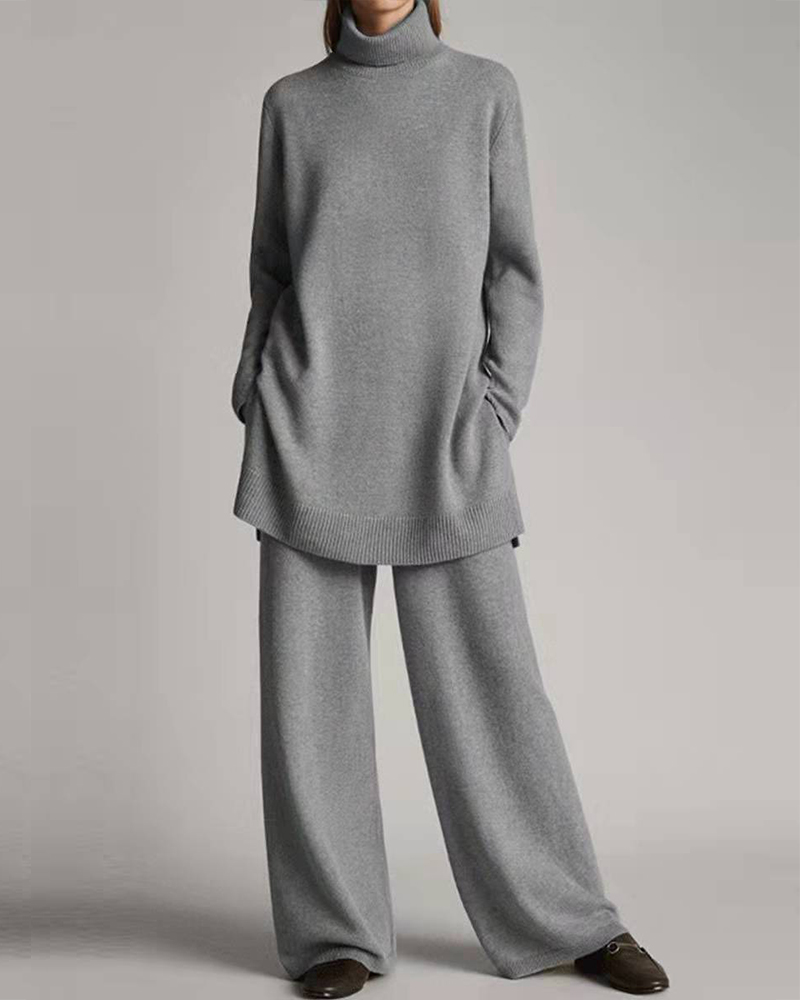 Knitted Turtleneck Top Two-Piece Pants