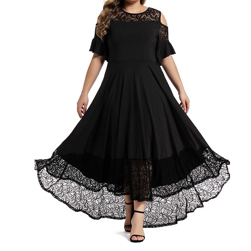 Women's Plus Size Holiday Dress Solid Color Crew Neck Lace Half Sleeve Fall Spring Work Maxi long Dress Daily Work Dress