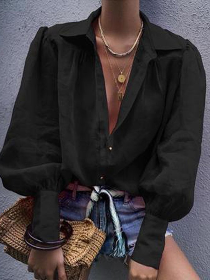 Women's Solid Color Pleated Long Sleeve Shirt