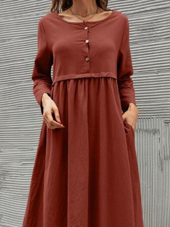Ladies Cotton Linen Solid Color Casual Dress
