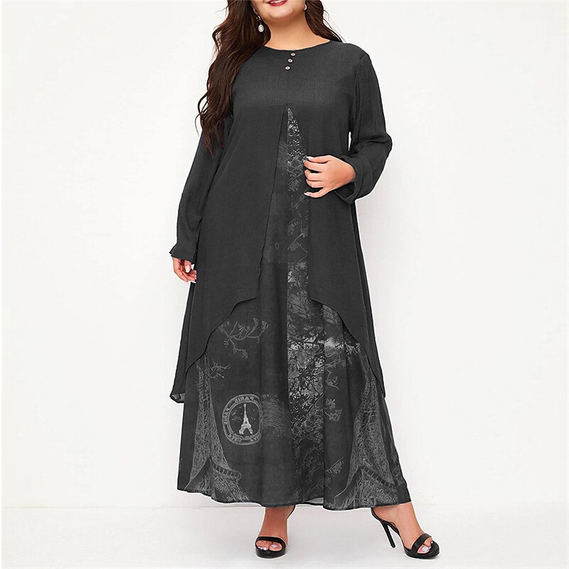 Women's Plus Size Casual Dress Print Crew Neck Split Long Sleeve Dress