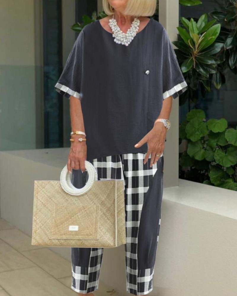 Plaid Stitching Loose Short-Sleeved Cropped Pants Two-Piece Set