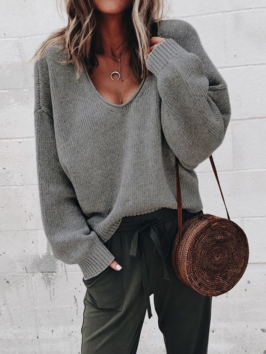 Loose Fitted V-Neck Solid Color Long Sleeves Sweater