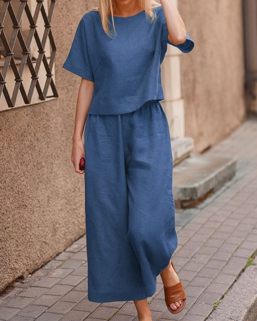 Linen casual loose solid color suit two piece set