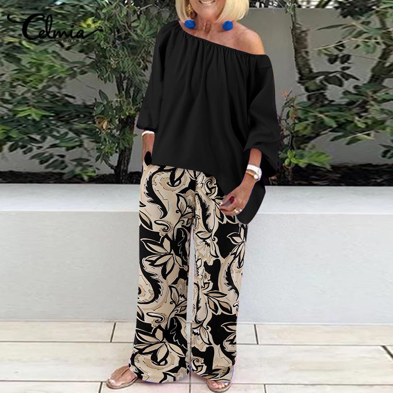 One-Shoulder Three-Quarter Sleeve Top and Wide-Leg Pants Suit