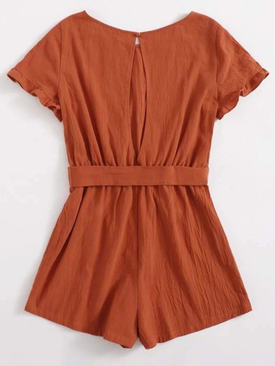 Women's Solid Color Pleated Waist Tie Backless Cotton Linen Jumpsuit