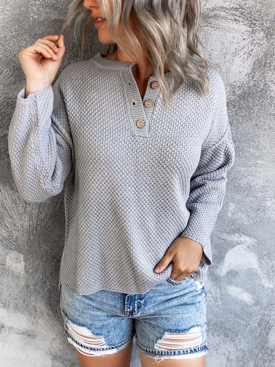 Drop-shoulder Sleeve Buttons Loose Sweater