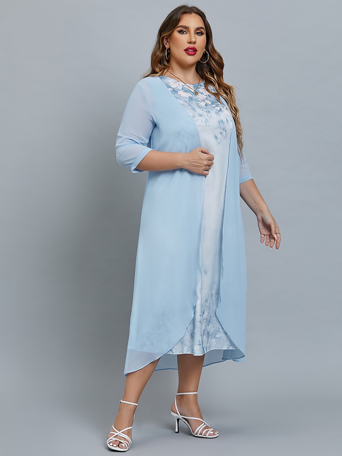 Women's Plus Size Curve Two Piece Dress Floral Round Neck Print 3/4 Length Sleeve Spring Summer Casual Knee Length Dress Causal Daily Dress