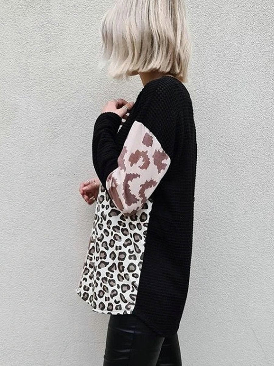 Round Neck Leopard Splicing Stitching Sweater