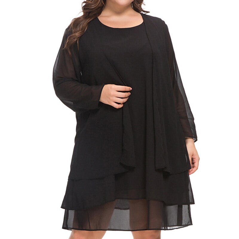 Women's Plus Size Casual Dress Solid Color Crew Neck Mesh Long Sleeve Dress