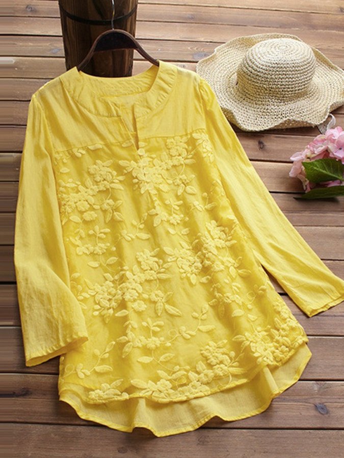 Women's Cotton Linen Lace Embroidered Long Sleeve Shirt