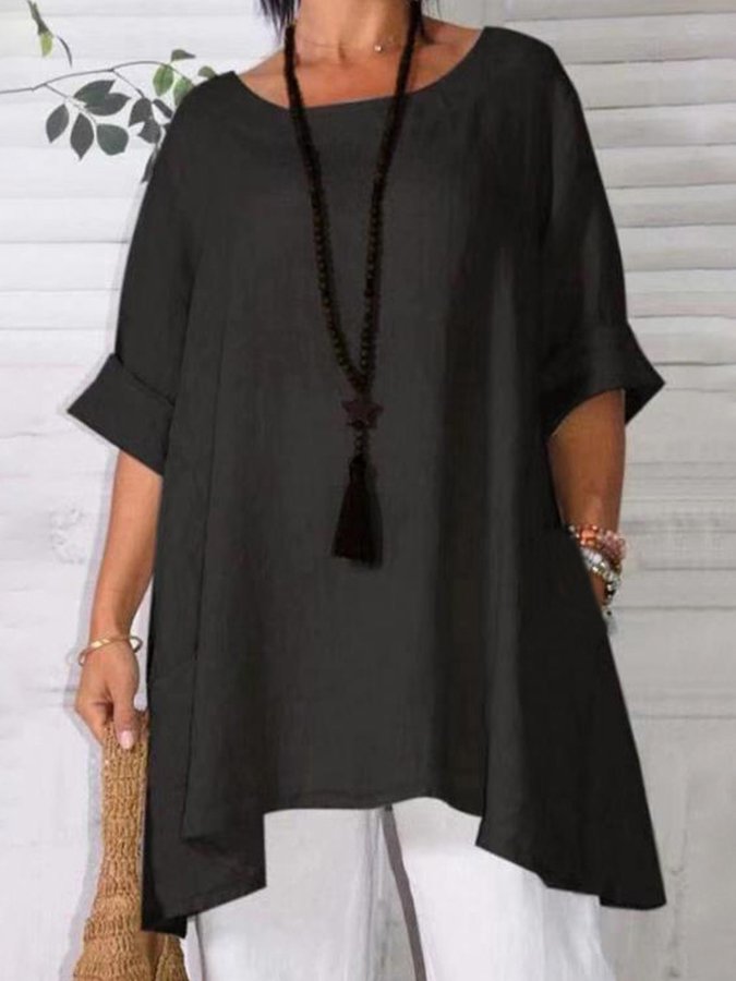 Ladies Cotton Linen Loose Casual Crew Neck Top