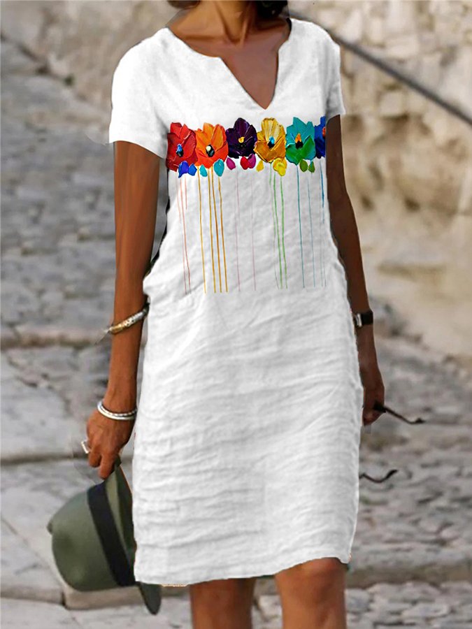 Women's Oil Painting Floral Print V-Neck Short-Sleeve Dress