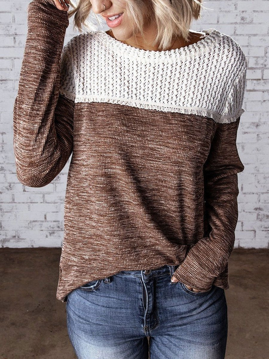 Round neck stitching knitted sweater