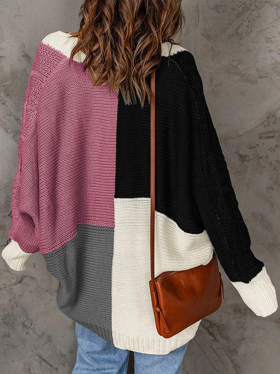 Casual Loose Sweater Contrast Panel Cardigan